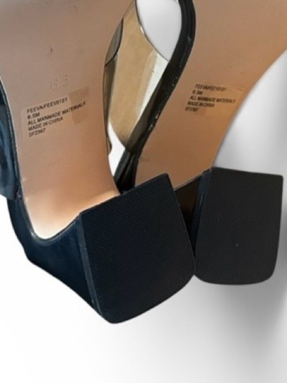 Steve Madden Feeva Black Square-Toe Clear Grey Strap Block Heels Size 6.5 - Picture 12 of 13